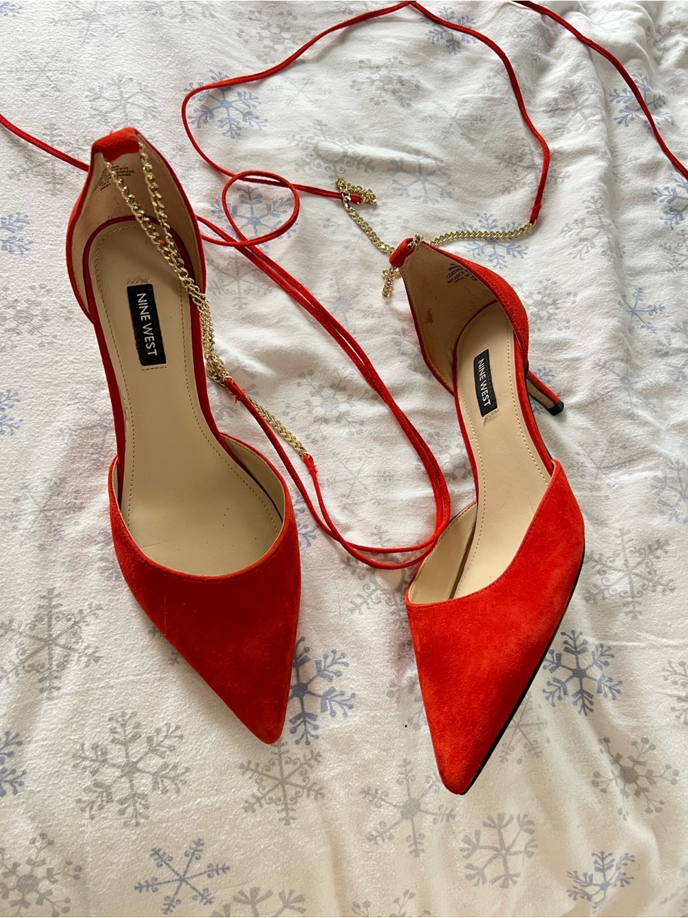 Nine West Red Pointed-Toe Suede Lace-Up Heels with Gold Chain